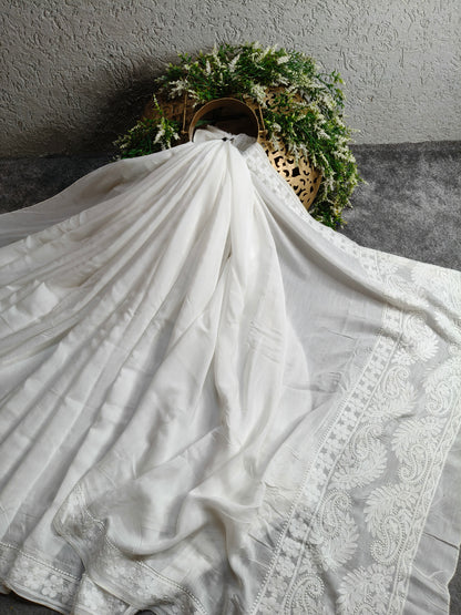 WHITE SILK PURE HANDLOOM LUCKNOWI EMBROIDERY SAREE