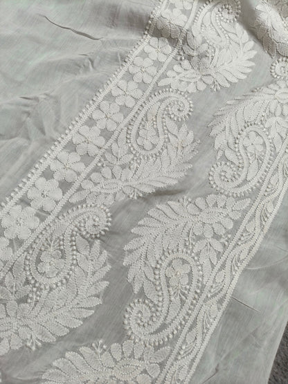 WHITE SILK PURE HANDLOOM LUCKNOWI EMBROIDERY SAREE