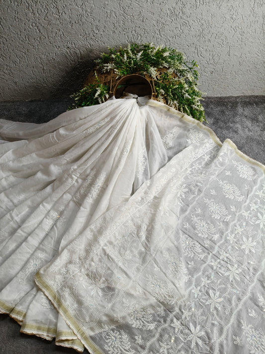 WHITE COTTON MUSLIN PURE HANDLOOM LUCKNOWI SAREE