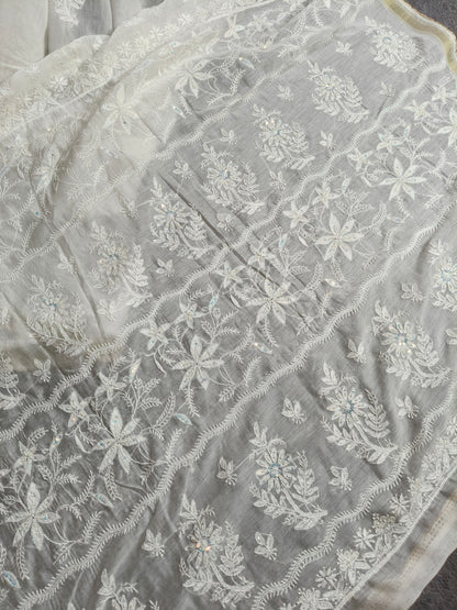 WHITE COTTON MUSLIN PURE HANDLOOM LUCKNOWI SAREE