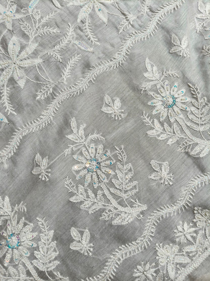 WHITE COTTON MUSLIN PURE HANDLOOM LUCKNOWI SAREE