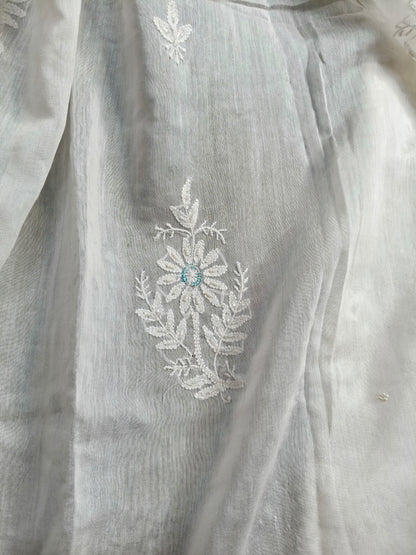 WHITE COTTON MUSLIN PURE HANDLOOM LUCKNOWI SAREE