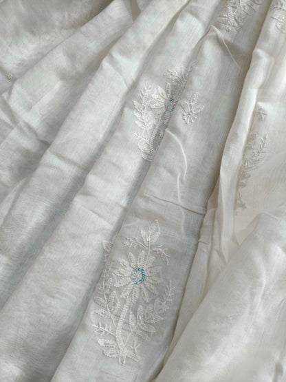 WHITE COTTON MUSLIN PURE HANDLOOM LUCKNOWI SAREE