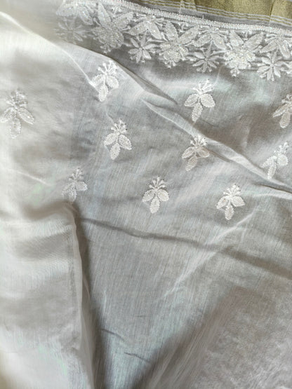 WHITE COTTON MUSLIN PURE HANDLOOM LUCKNOWI SAREE