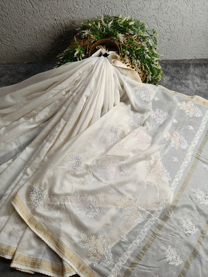 WHITE COTTON CHANDERI PURE HANDLOOM EMBROIDERY SAREE