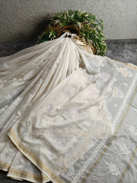 WHITE COTTON CHANDERI PURE HANDLOOM EMBROIDERY SAREE