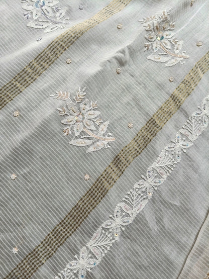 WHITE COTTON CHANDERI PURE HANDLOOM EMBROIDERY SAREE