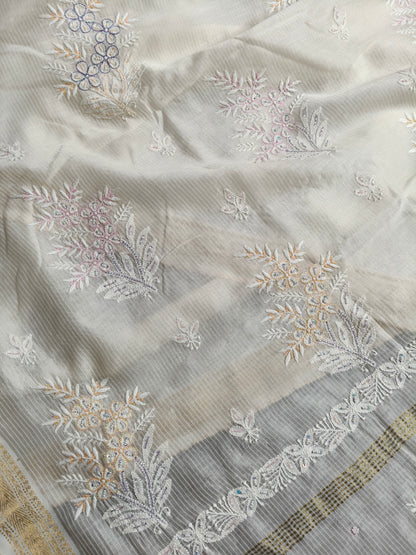 WHITE COTTON CHANDERI PURE HANDLOOM EMBROIDERY SAREE