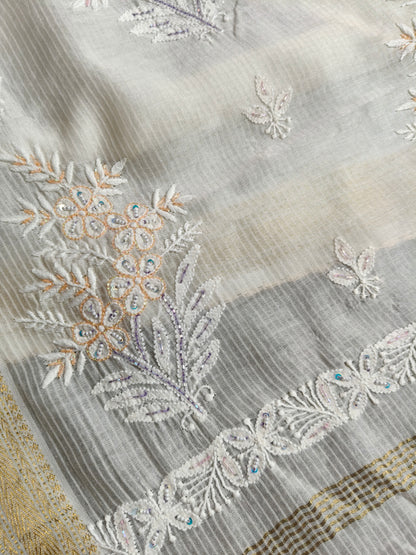 WHITE COTTON CHANDERI PURE HANDLOOM EMBROIDERY SAREE