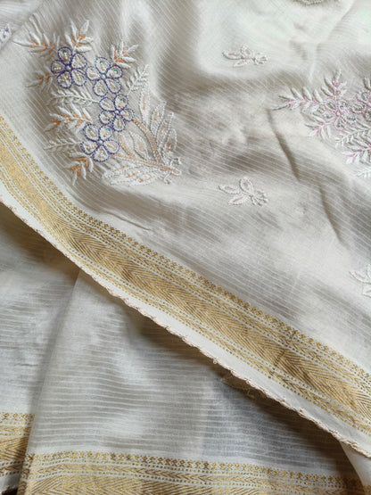 WHITE COTTON CHANDERI PURE HANDLOOM EMBROIDERY SAREE