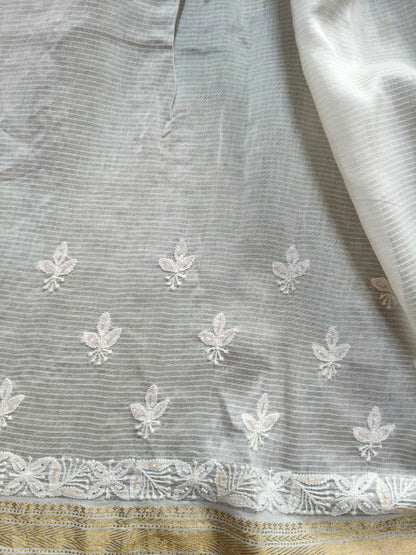 WHITE COTTON CHANDERI PURE HANDLOOM EMBROIDERY SAREE