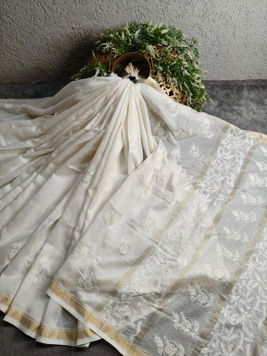 WHITE COTTON PURE HANDLOOM LUCKNOWI EMBROIDERY SAREE
