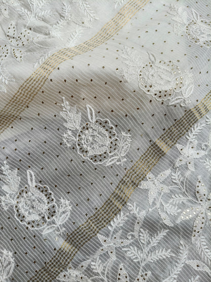 WHITE COTTON PURE HANDLOOM LUCKNOWI EMBROIDERY SAREE