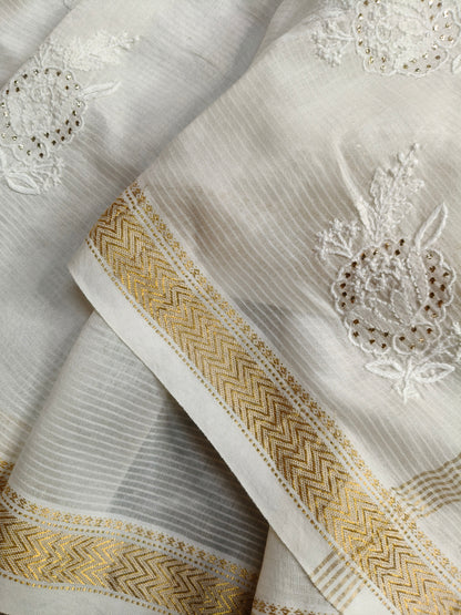 WHITE COTTON PURE HANDLOOM LUCKNOWI EMBROIDERY SAREE