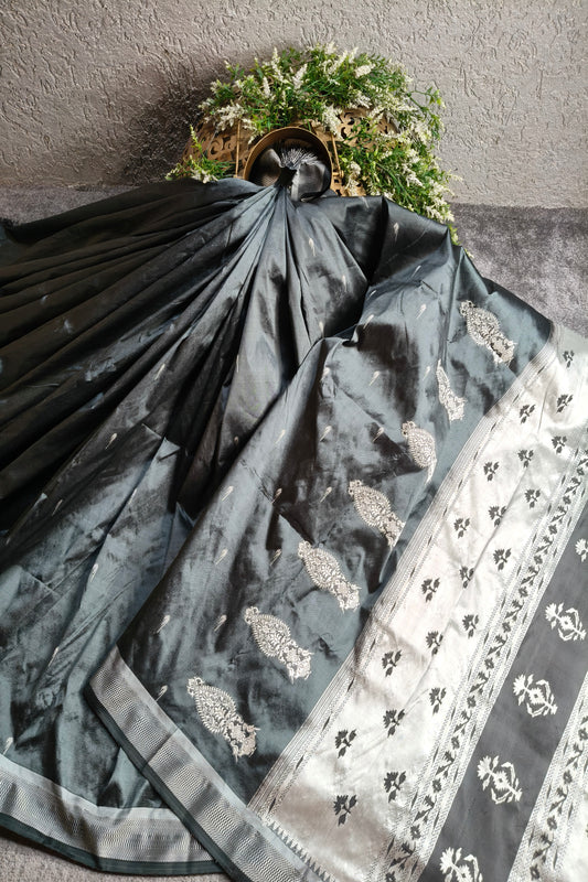 GREY SILK PURE HANDLOOM PAITHANI SAREE