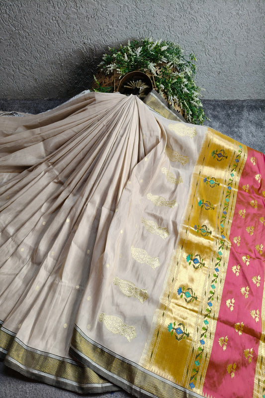 IVORY LINEN PURE HANDLOOM PAITHANI SAREE