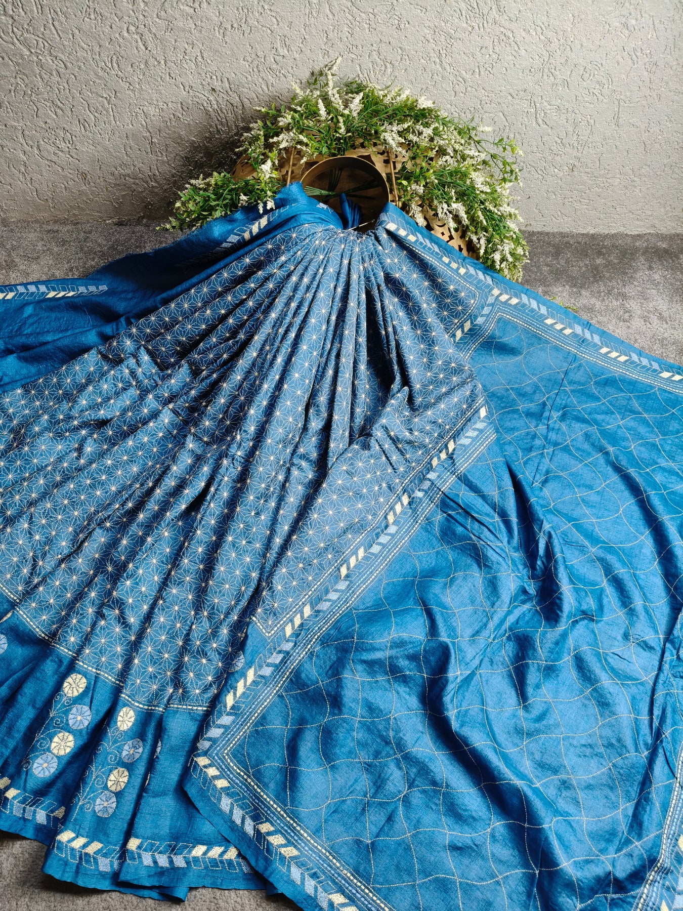 BLUE TASSAR SILK PURE HANDLOOM KANTHA SAREE