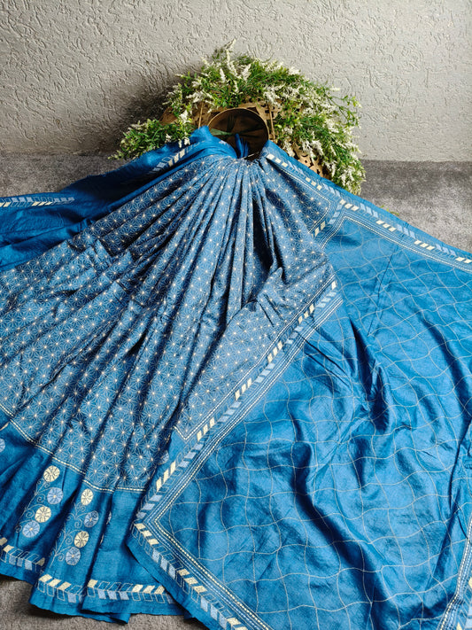 BLUE TASSAR SILK PURE HANDLOOM KANTHA SAREE