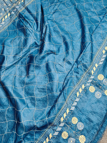 BLUE TASSAR SILK PURE HANDLOOM KANTHA SAREE