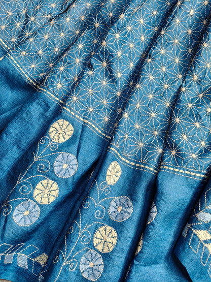 BLUE TASSAR SILK PURE HANDLOOM KANTHA SAREE