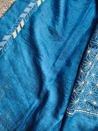 BLUE TASSAR SILK PURE HANDLOOM KANTHA SAREE