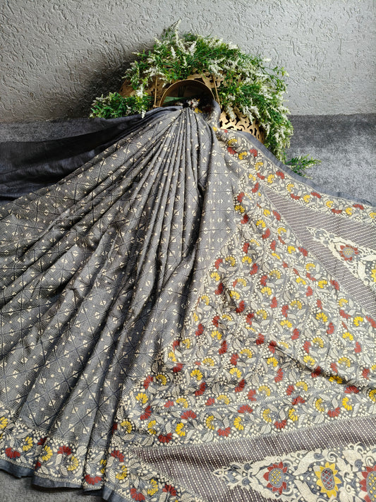 GREY TASSAR SILK PURE HANDLOOM KANTHA SAREE