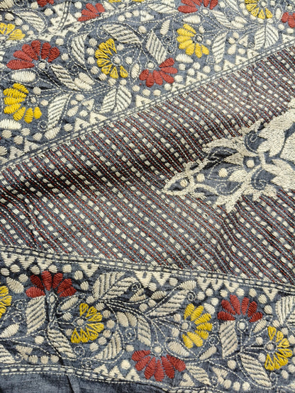 GREY TASSAR SILK PURE HANDLOOM KANTHA SAREE