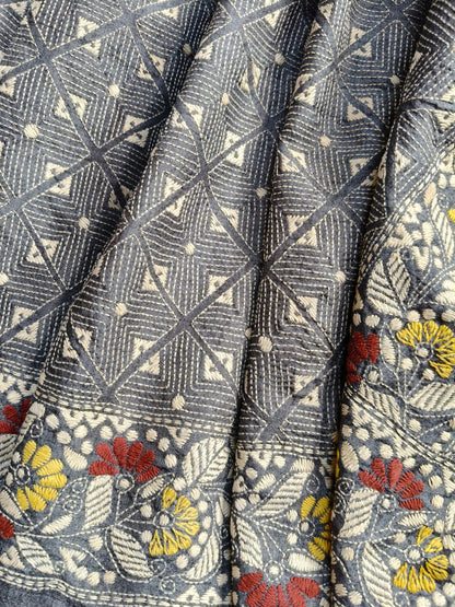 GREY TASSAR SILK PURE HANDLOOM KANTHA SAREE