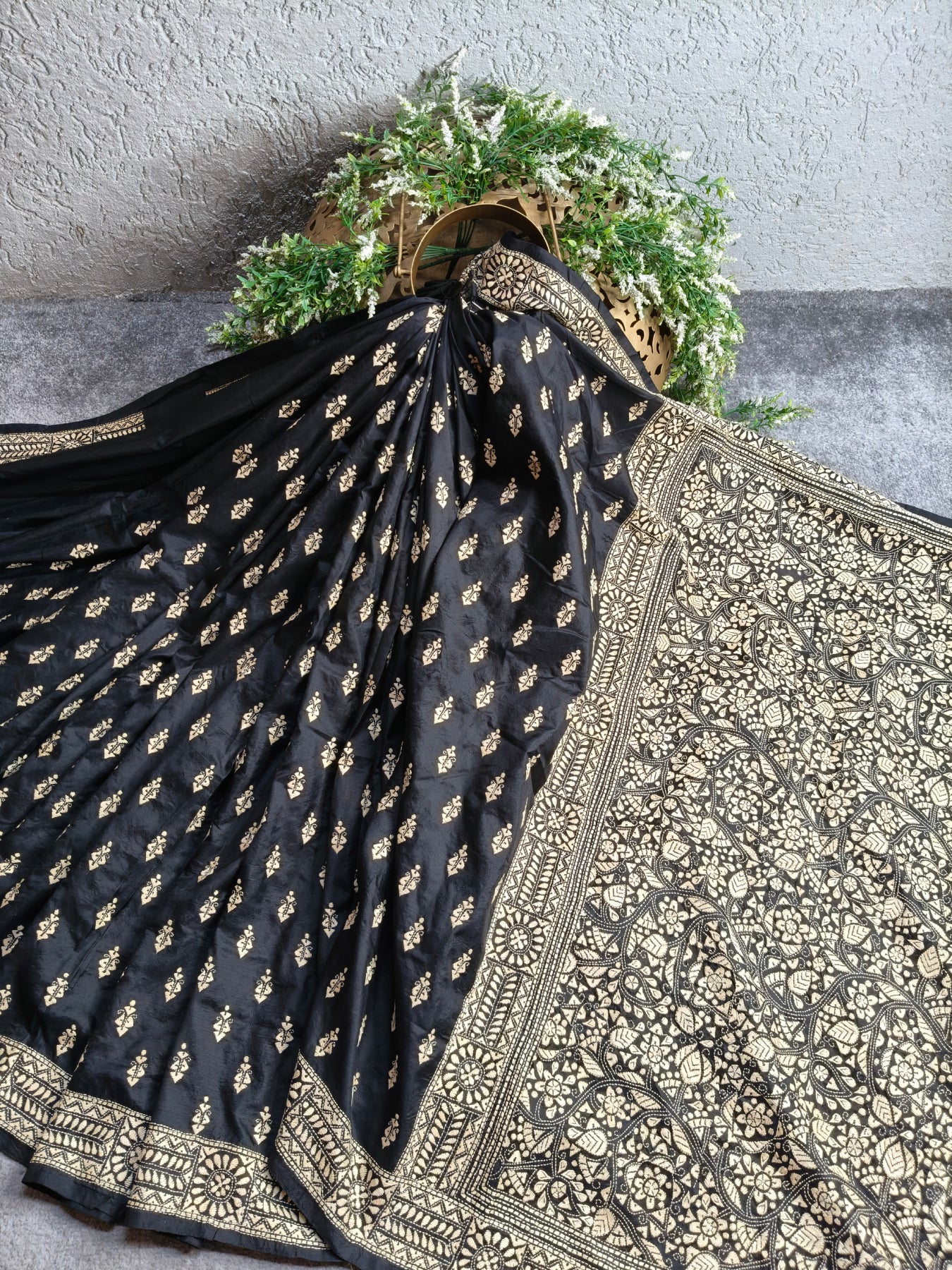 BLACK SILK PURE HANDLOOM KANTHA SAREE