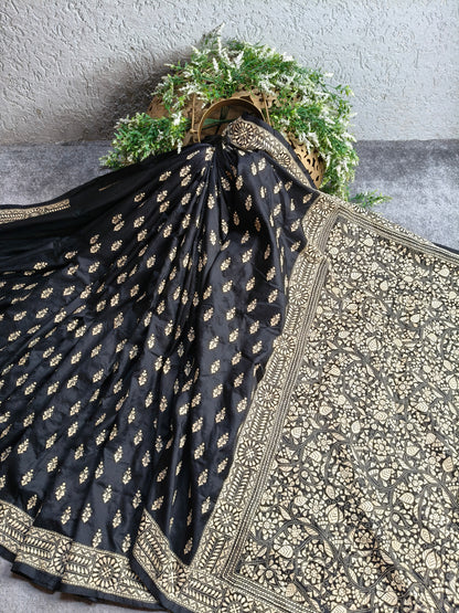 BLACK SILK PURE HANDLOOM KANTHA SAREE
