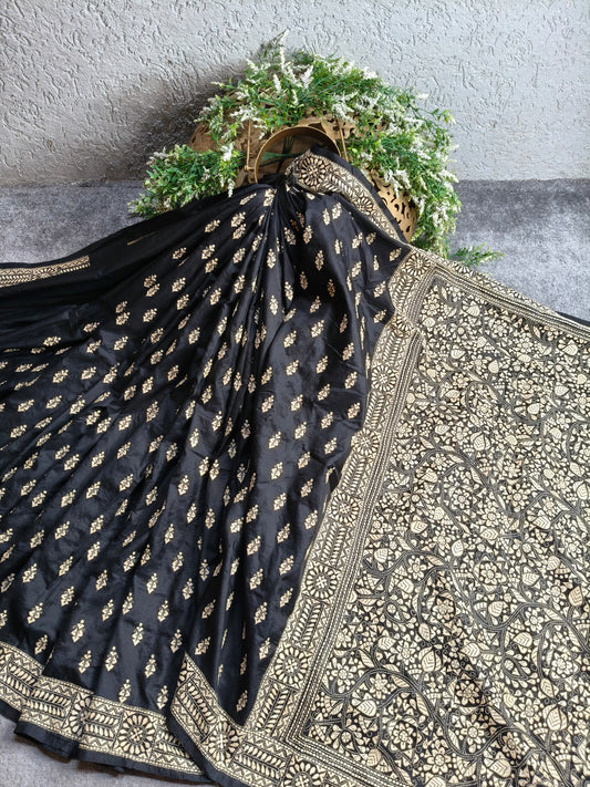 BLACK SILK PURE HANDLOOM KANTHA SAREE