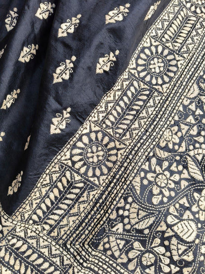 BLACK SILK PURE HANDLOOM KANTHA SAREE