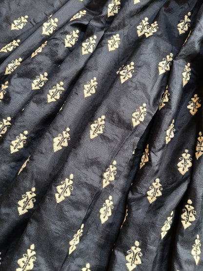 BLACK SILK PURE HANDLOOM KANTHA SAREE
