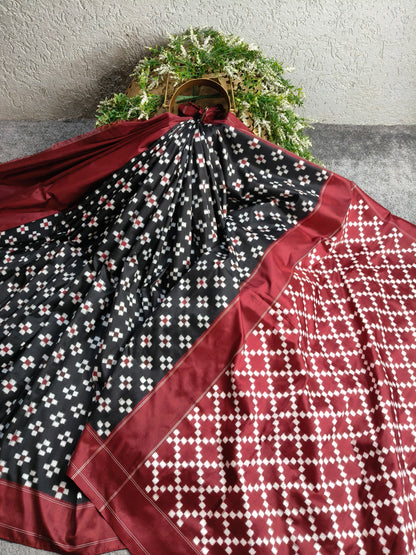 BLACK SILK PURE HANDLOOM  DOUBLE IKKAT SAREE
