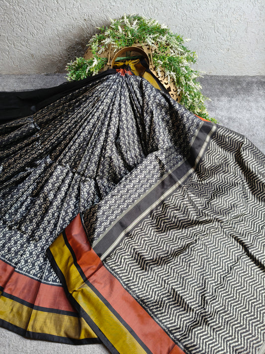 BLACK  SILK PURE HANDLOOM IKKAT SAREE