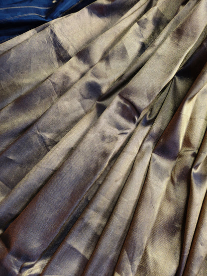 GOLD KATAN TISSUE PURE HANDLOOM BANARASI SAREE WITH ALL OVER PLAIN WITH PLAIN PALLA AND BLACK SALVES BLACK GOLD PEJLI BUTTA RUNNING BLOUSE PIECE