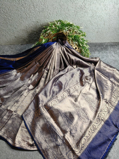BLUE GOLD KATAN TISSUE PURE HANDLOOM BANARASI SAREE