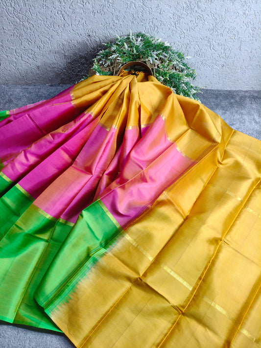 YELLOW PINK GREEN SILK PURE HANDLOOM KANJIVARAM MUBBAGAM SAREE