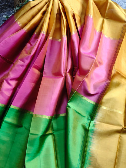 YELLOW PINK GREEN SILK PURE HANDLOOM KANJIVARAM MUBBAGAM SAREE