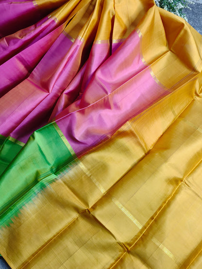 YELLOW PINK GREEN SILK PURE HANDLOOM KANJIVARAM MUBBAGAM SAREE
