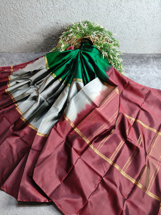 GREEN GREY MAROON SILK PURE HANDLOOM KANJIVARAM MUBBAGAM SAREE