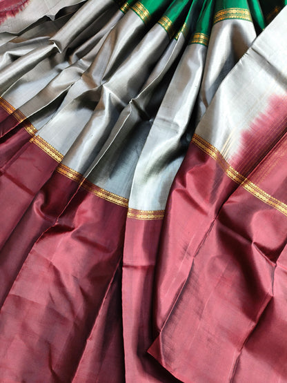 GREEN GREY MAROON SILK PURE HANDLOOM KANJIVARAM MUBBAGAM SAREE