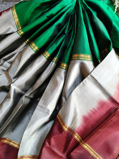 GREEN GREY MAROON SILK PURE HANDLOOM KANJIVARAM MUBBAGAM SAREE