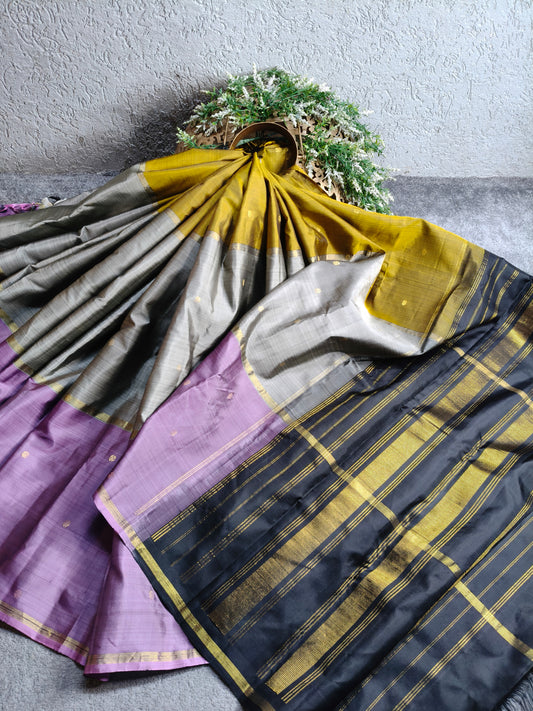 OLIVE GREEN GREY MAUVE SILK PURE HANDLOOM KANJIVARAM MUBBAGAM SAREE