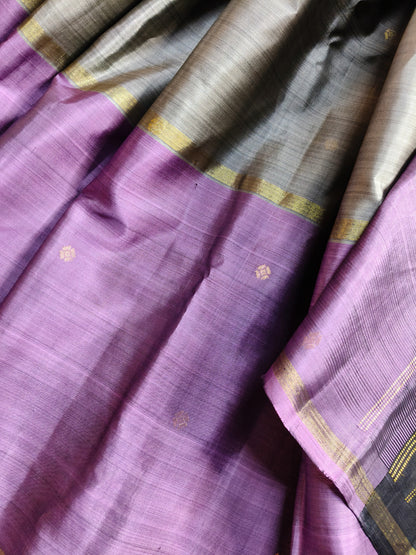 OLIVE GREEN GREY MAUVE SILK PURE HANDLOOM KANJIVARAM MUBBAGAM SAREE