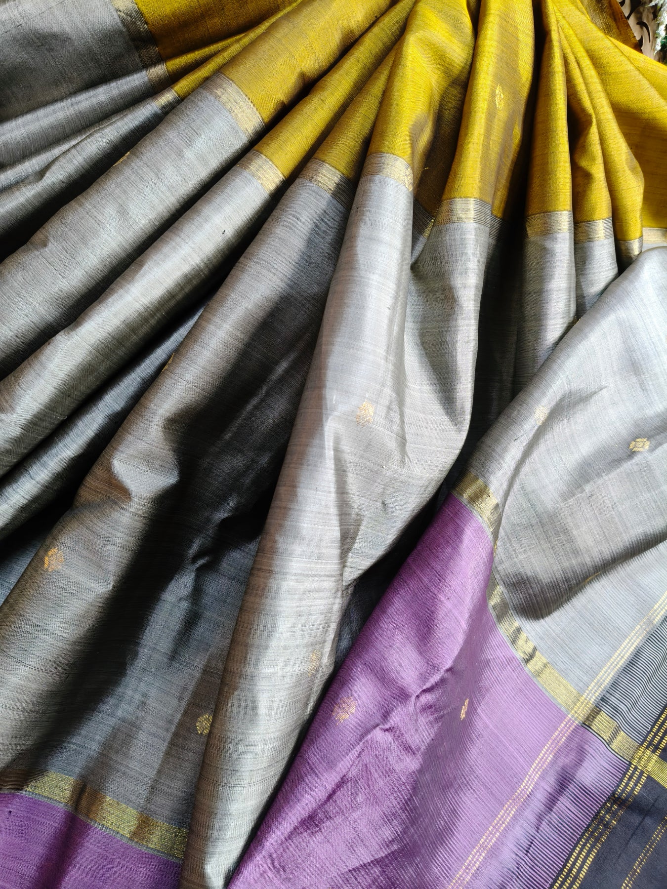 OLIVE GREEN GREY MAUVE SILK PURE HANDLOOM KANJIVARAM MUBBAGAM SAREE