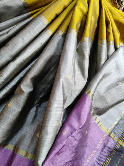 OLIVE GREEN GREY MAUVE SILK PURE HANDLOOM KANJIVARAM MUBBAGAM SAREE