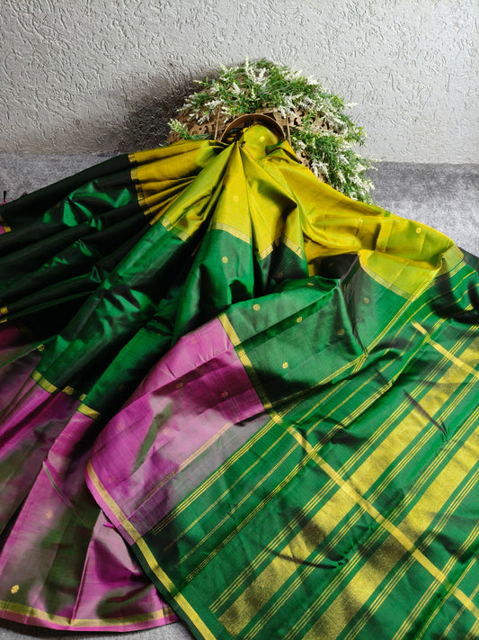 PARROT GREEN DARK GREEN TWO TONE PINK  SILK PURE HANDLOOM KANJIVARAM MUBBAGAM SAREE