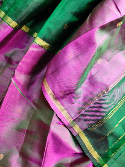 PARROT GREEN DARK GREEN TWO TONE PINK  SILK PURE HANDLOOM KANJIVARAM MUBBAGAM SAREE