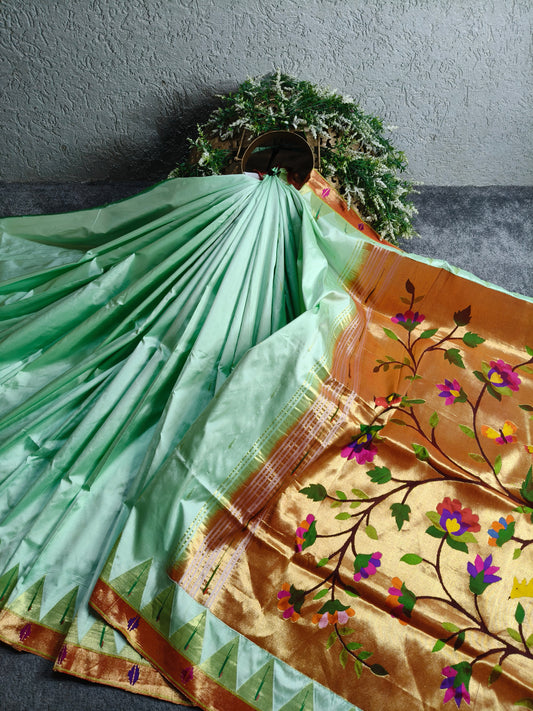 LIGHT PISTA SILK PURE HANDLOOM PAITHANI SAREE